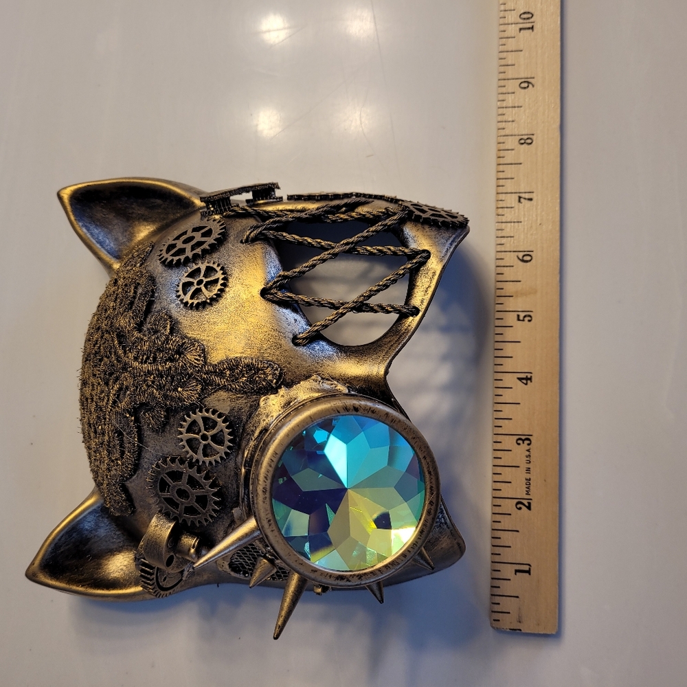 Cat Steampunk Mask Antiqued Gold-tone Lace, Spikes, & Gears Rainbow Kaleidescope - Picture 9 of 16